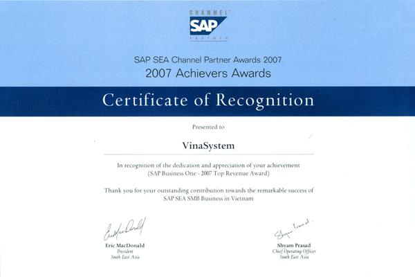 Vina System has received award by SAP APJ
